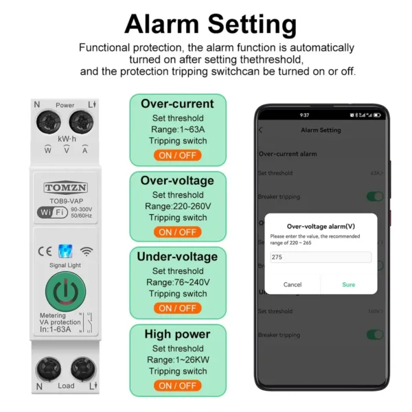 Tomzn TOB9-VAP 8in1 63A WIFI Smart Switch with monitoring and Protection, TOMZN wifi breaker full function - Image 3