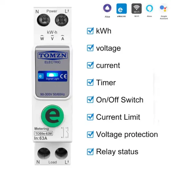 Ewelink Tomzn TOB9e-63M Kwh Monitoring Circuit Breaker 63A WIFI Smart Switch with monitoring and Protection, TOMZN wifi breaker full function - Image 3