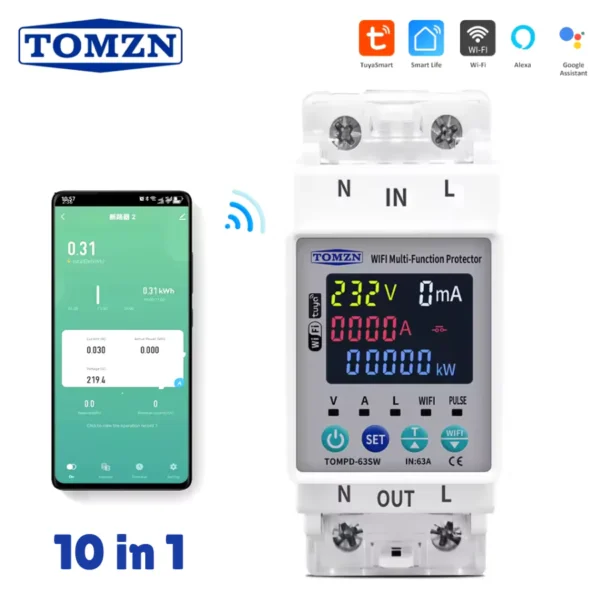 Tomzn TOMPD 63SW- 63A WIFI Protector with voltage current and leakage protection Mini 10in1 - Image 5
