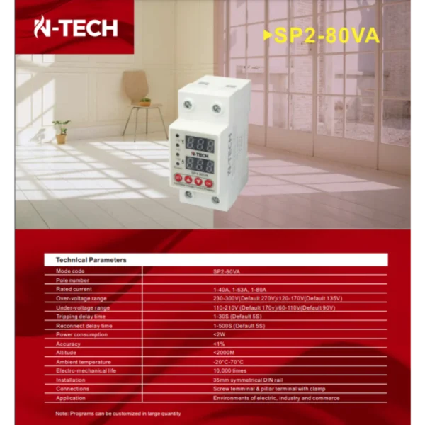 N-Tech SP2-80VA 63A Voltage Protection Device - Over and Under Voltage Protective Device - Image 3